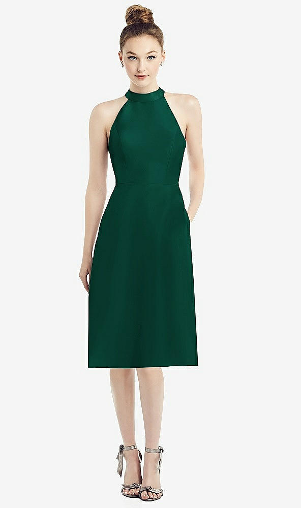 Front View - Hunter Green High-Neck Open-Back Satin Cocktail Dress