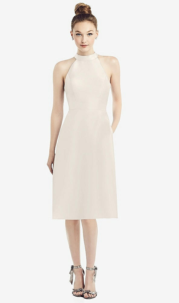 Front View - Ivory High-Neck Open-Back Satin Cocktail Dress