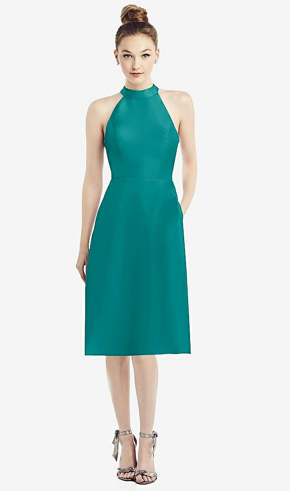 Front View - Jade High-Neck Open-Back Satin Cocktail Dress