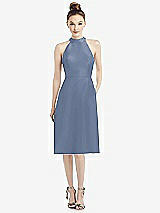 Front View Thumbnail - Larkspur Blue High-Neck Open-Back Satin Cocktail Dress
