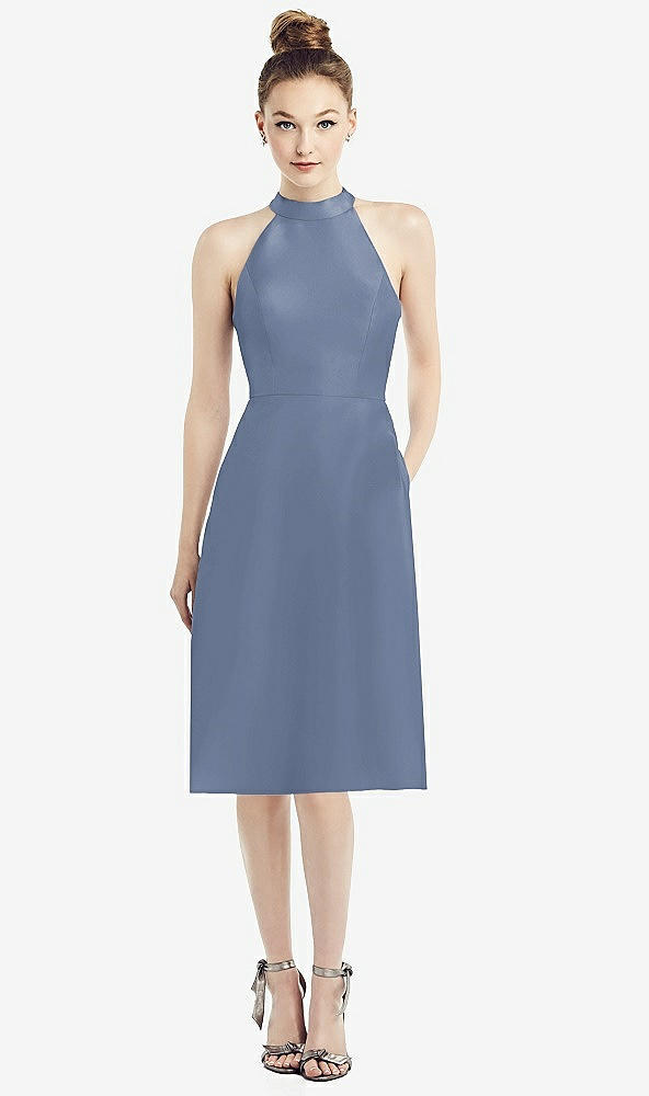 Front View - Larkspur Blue High-Neck Open-Back Satin Cocktail Dress
