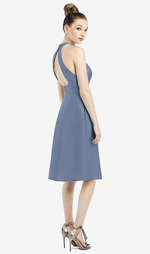 Back View - Larkspur Blue High-Neck Open-Back Satin Cocktail Dress