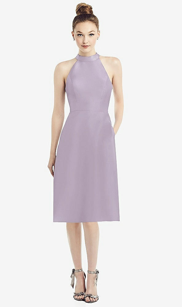 Front View - Lilac Haze High-Neck Open-Back Satin Cocktail Dress