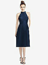 Front View Thumbnail - Midnight Navy High-Neck Open-Back Satin Cocktail Dress