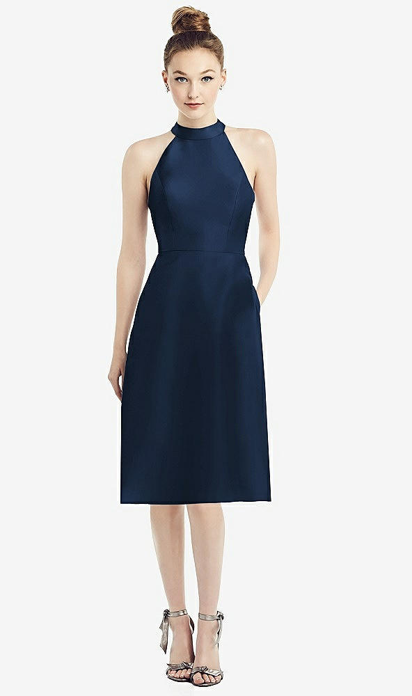 Front View - Midnight Navy High-Neck Open-Back Satin Cocktail Dress