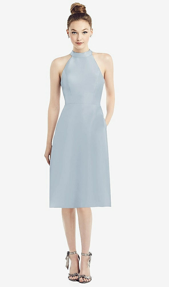 Front View - Mist High-Neck Open-Back Satin Cocktail Dress