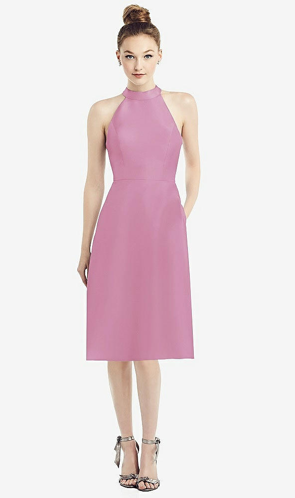 Front View - Powder Pink High-Neck Open-Back Satin Cocktail Dress