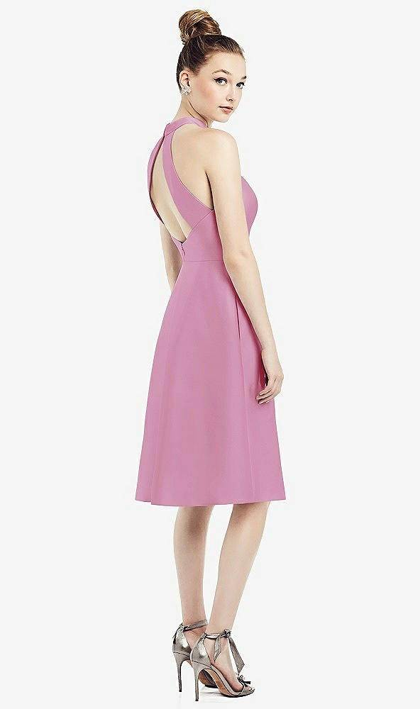 Back View - Powder Pink High-Neck Open-Back Satin Cocktail Dress