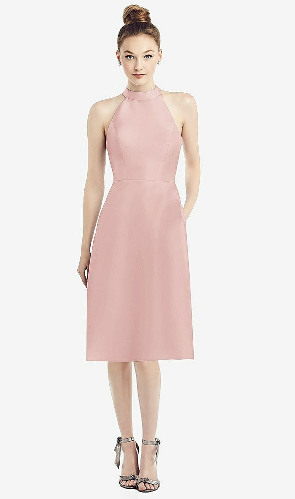 Front View - Rose High-Neck Open-Back Satin Cocktail Dress