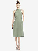 Front View Thumbnail - Sage High-Neck Open-Back Satin Cocktail Dress
