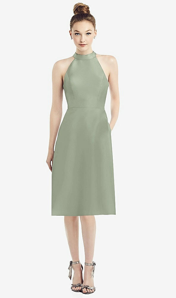 Front View - Sage High-Neck Open-Back Satin Cocktail Dress
