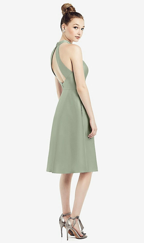 Back View - Sage High-Neck Open-Back Satin Cocktail Dress