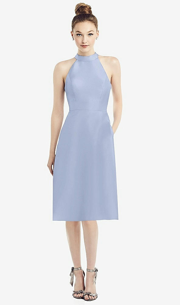 Front View - Sky Blue High-Neck Open-Back Satin Cocktail Dress