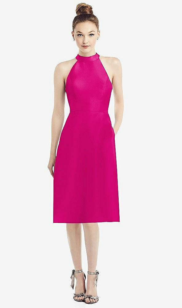 Front View - Think Pink High-Neck Open-Back Satin Cocktail Dress