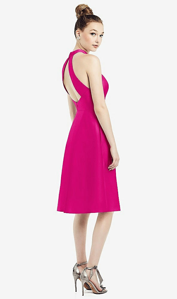 Back View - Think Pink High-Neck Open-Back Satin Cocktail Dress