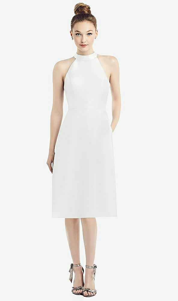 Front View - White High-Neck Open-Back Satin Cocktail Dress