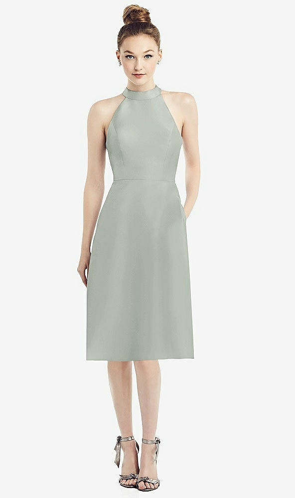 Front View - Willow Green High-Neck Open-Back Satin Cocktail Dress