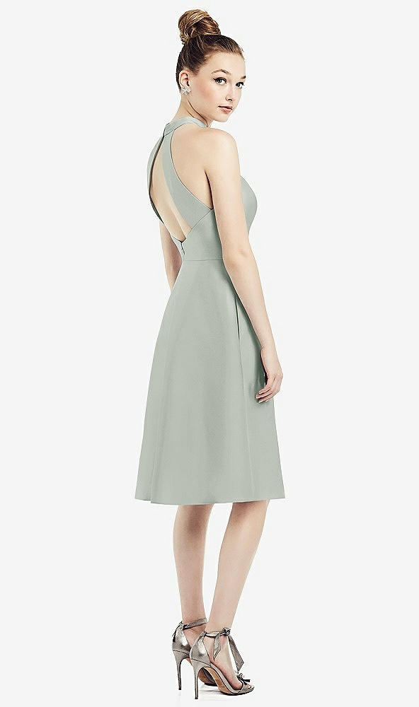 Back View - Willow Green High-Neck Open-Back Satin Cocktail Dress