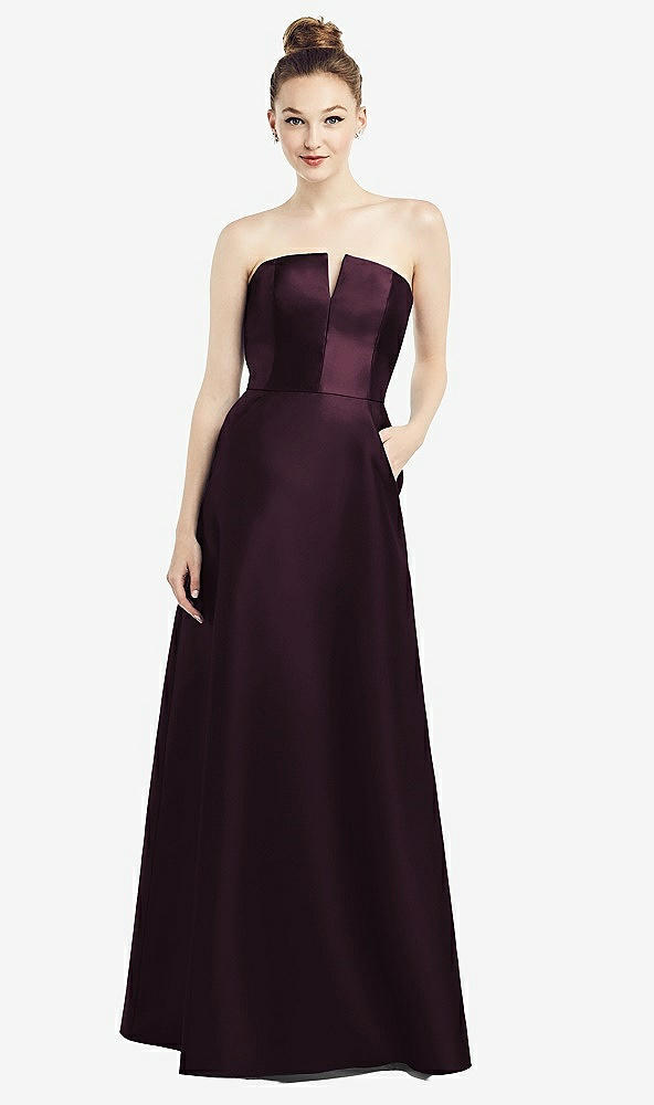 Front View - Deep Plum Strapless Notch Satin Gown with Pockets
