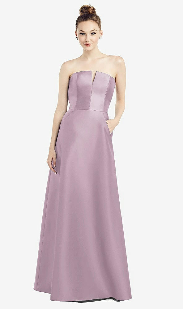 Front View - Suede Rose Strapless Notch Satin Gown with Pockets