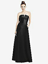 Front View Thumbnail - Black Strapless Notch Satin Gown with Pockets