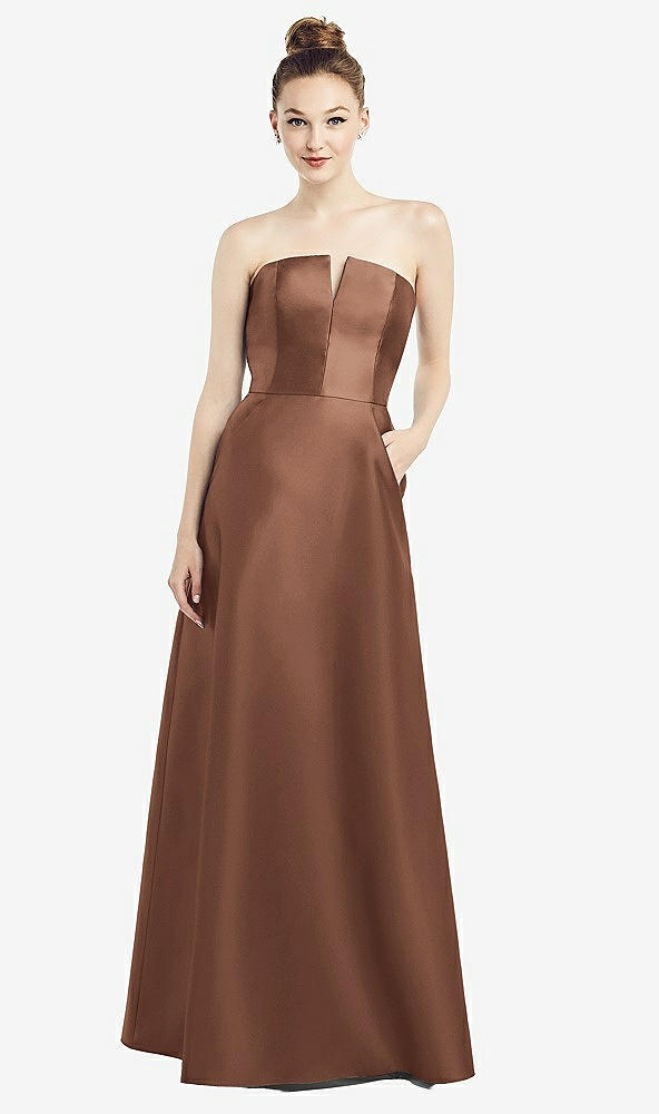 Front View - Cognac Strapless Notch Satin Gown with Pockets