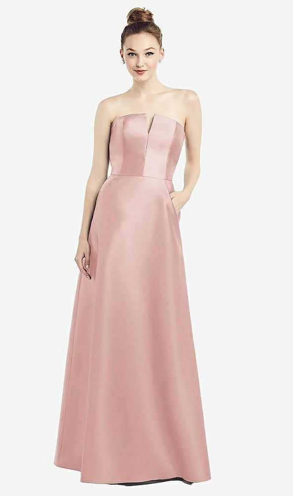 Front View - Rose Strapless Notch Satin Gown with Pockets