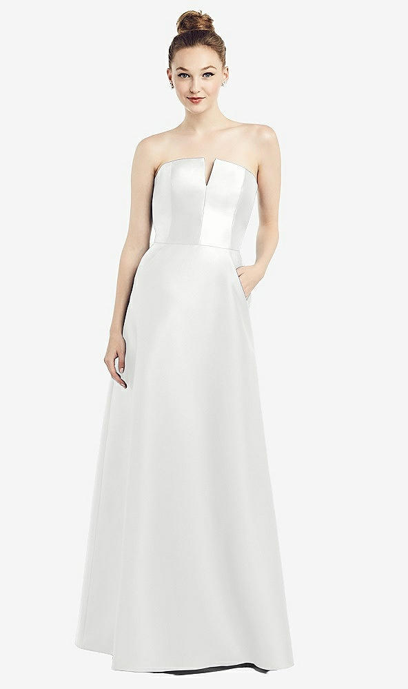 Front View - White Strapless Notch Satin Gown with Pockets