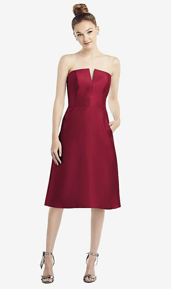 Front View - Burgundy Strapless Notch Satin Cocktail Dress with Pockets