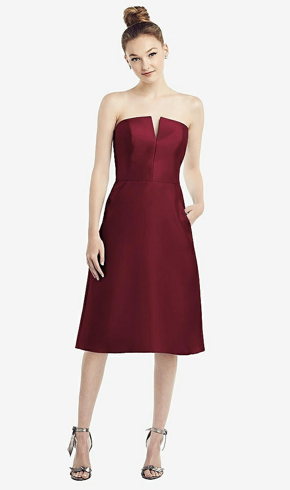 Front View - Cabernet Strapless Notch Satin Cocktail Dress with Pockets