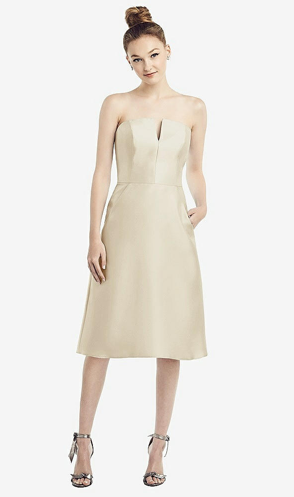 Front View - Champagne Strapless Notch Satin Cocktail Dress with Pockets