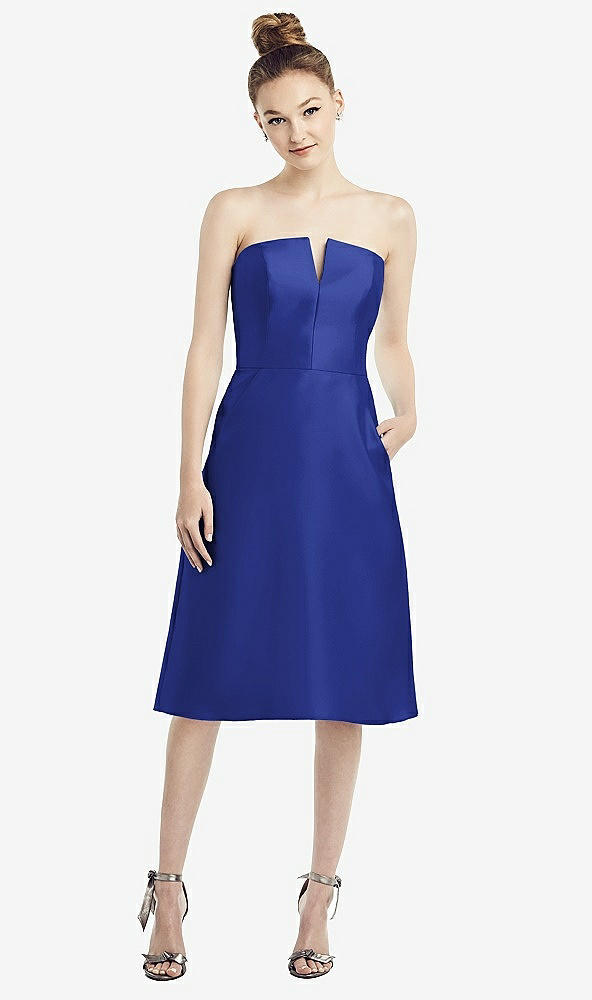 Front View - Cobalt Blue Strapless Notch Satin Cocktail Dress with Pockets