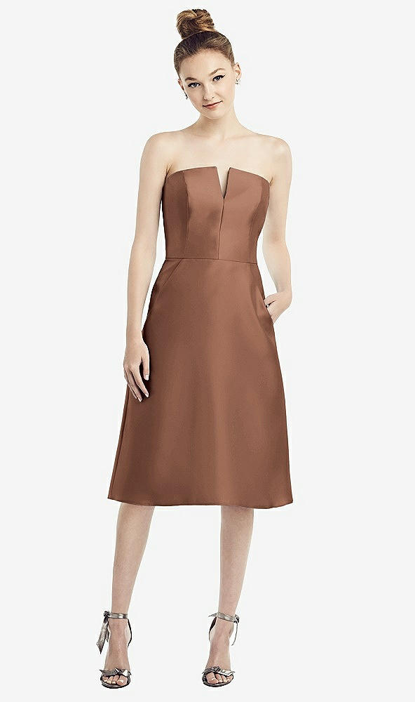 Front View - Cognac Strapless Notch Satin Cocktail Dress with Pockets