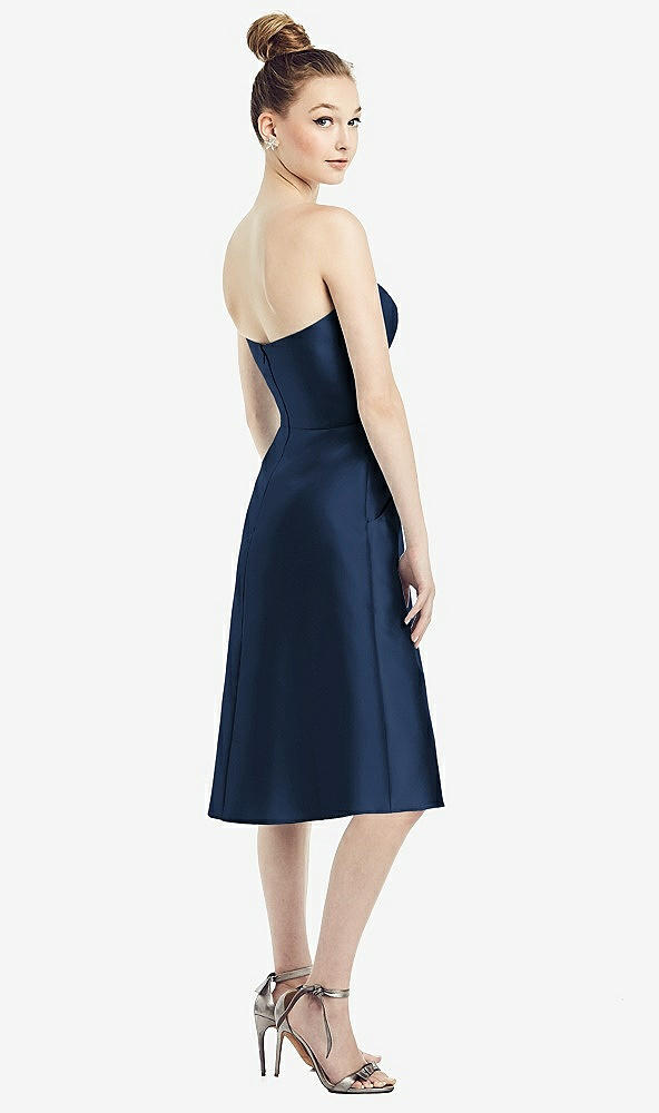 Back View - Midnight Navy Strapless Notch Satin Cocktail Dress with Pockets