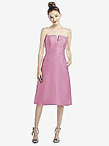 Front View Thumbnail - Powder Pink Strapless Notch Satin Cocktail Dress with Pockets
