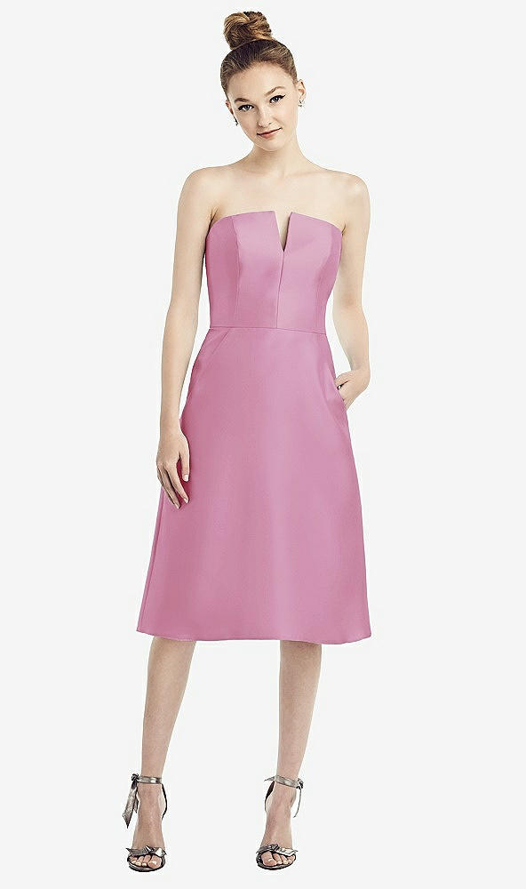 Front View - Powder Pink Strapless Notch Satin Cocktail Dress with Pockets