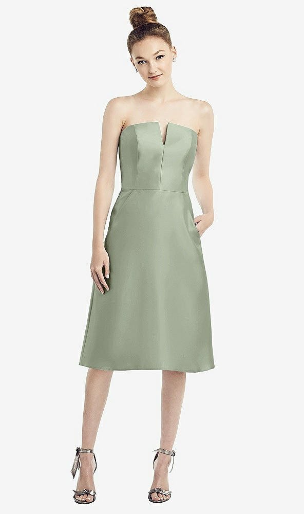 Front View - Sage Strapless Notch Satin Cocktail Dress with Pockets