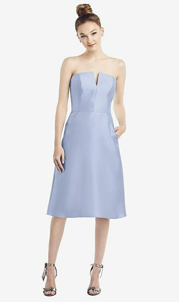 Front View - Sky Blue Strapless Notch Satin Cocktail Dress with Pockets