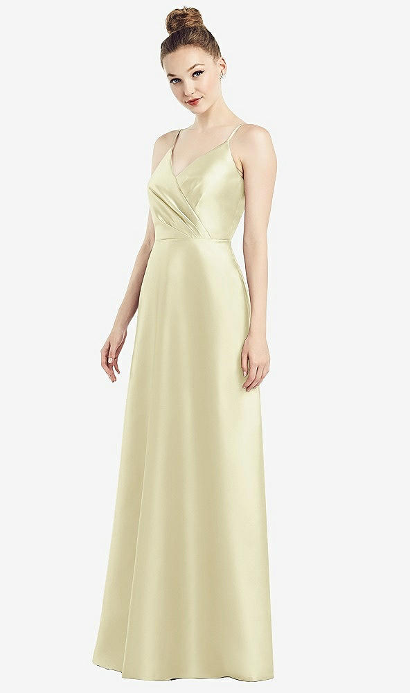 Front View - Butter Yellow Draped Wrap Satin Maxi Dress with Pockets