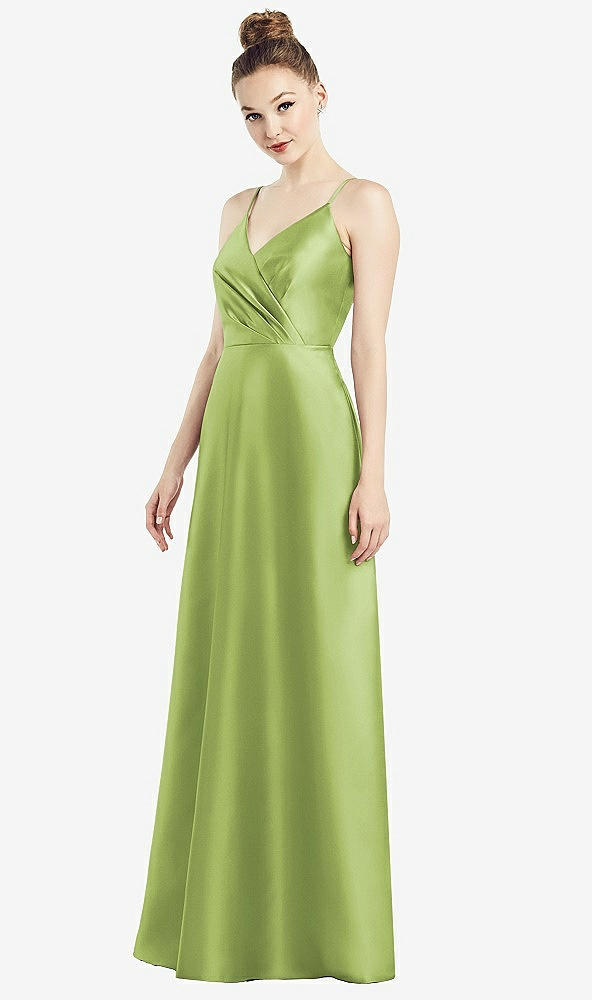 Front View - Mojito Draped Wrap Satin Maxi Dress with Pockets
