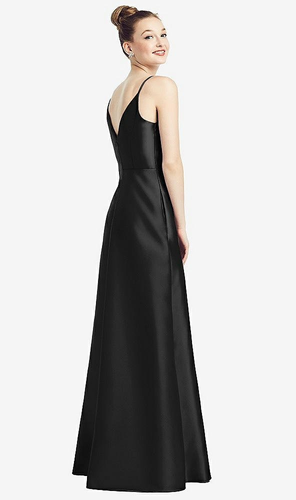 Back View - Black Draped Wrap Satin Maxi Dress with Pockets