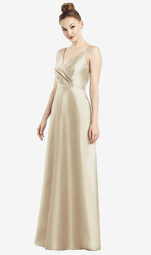 Front View - Champagne Draped Wrap Satin Maxi Dress with Pockets