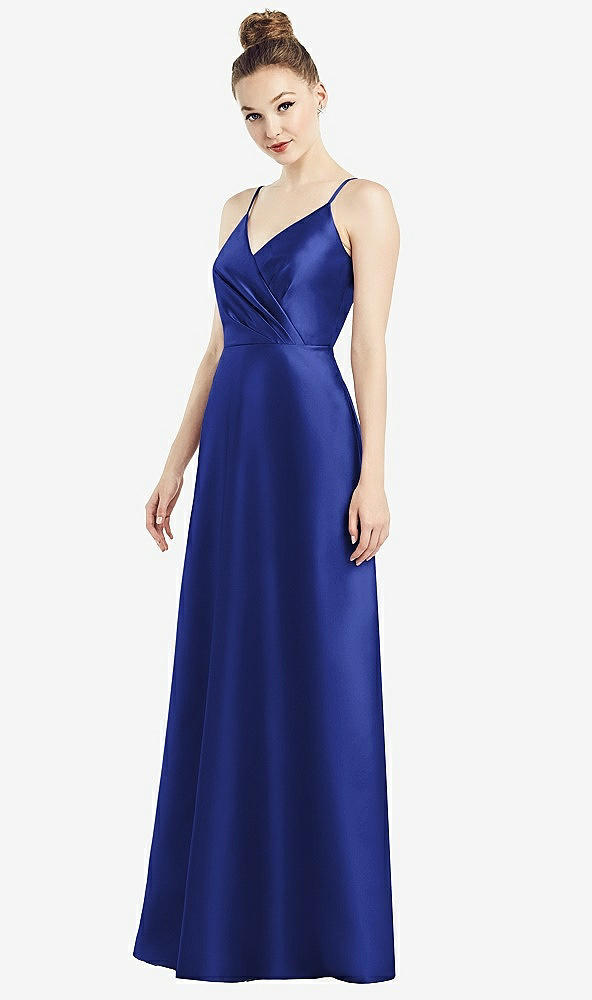 Front View - Cobalt Blue Draped Wrap Satin Maxi Dress with Pockets