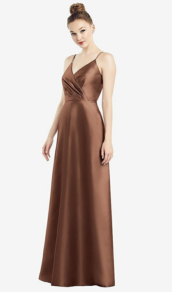 Front View - Cognac Draped Wrap Satin Maxi Dress with Pockets