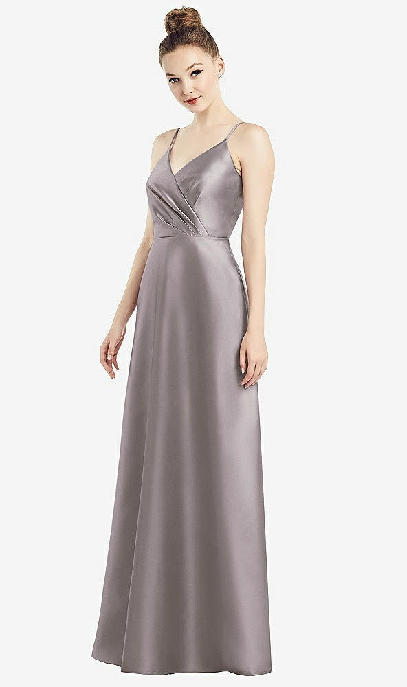 Front View - Cashmere Gray Draped Wrap Satin Maxi Dress with Pockets