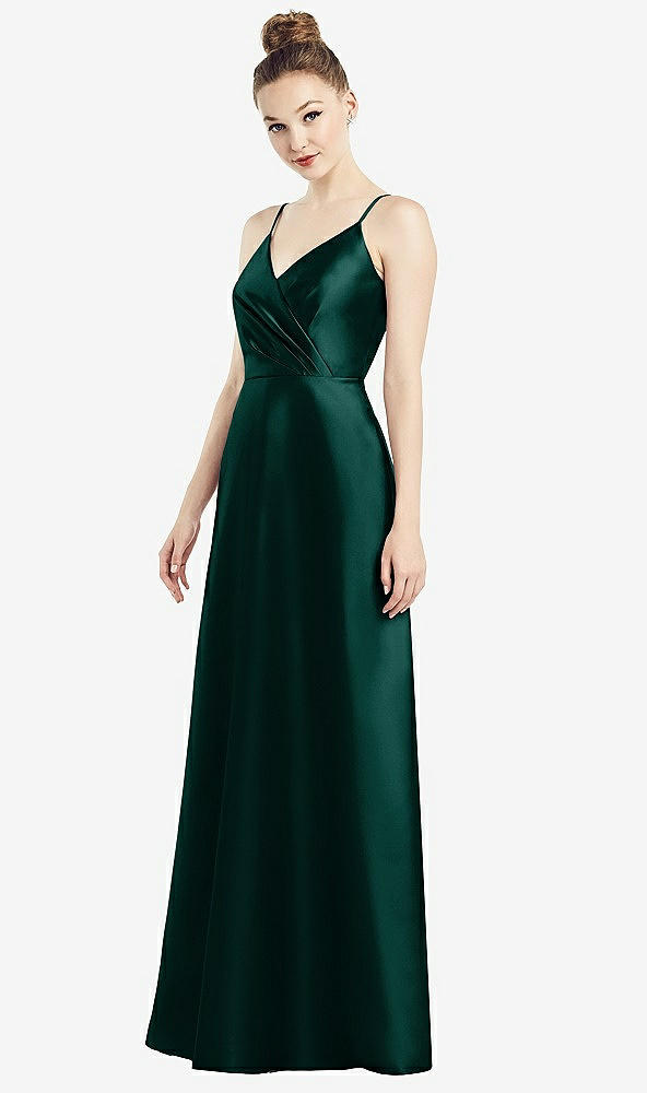 Front View - Evergreen Draped Wrap Satin Maxi Dress with Pockets