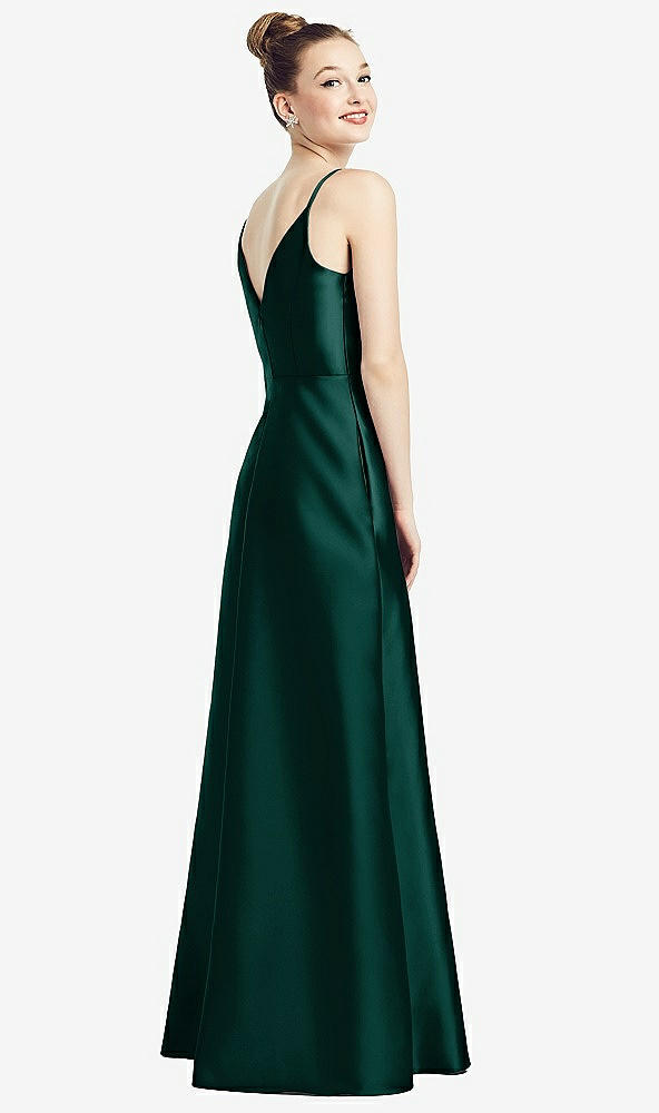 Back View - Evergreen Draped Wrap Satin Maxi Dress with Pockets