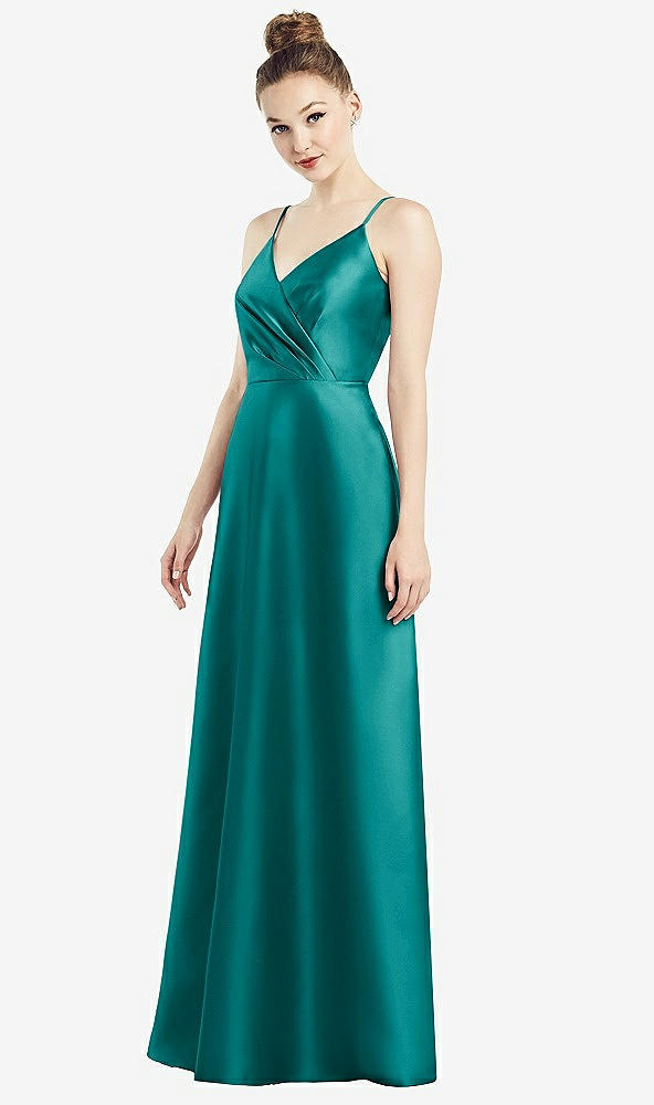 Front View - Jade Draped Wrap Satin Maxi Dress with Pockets