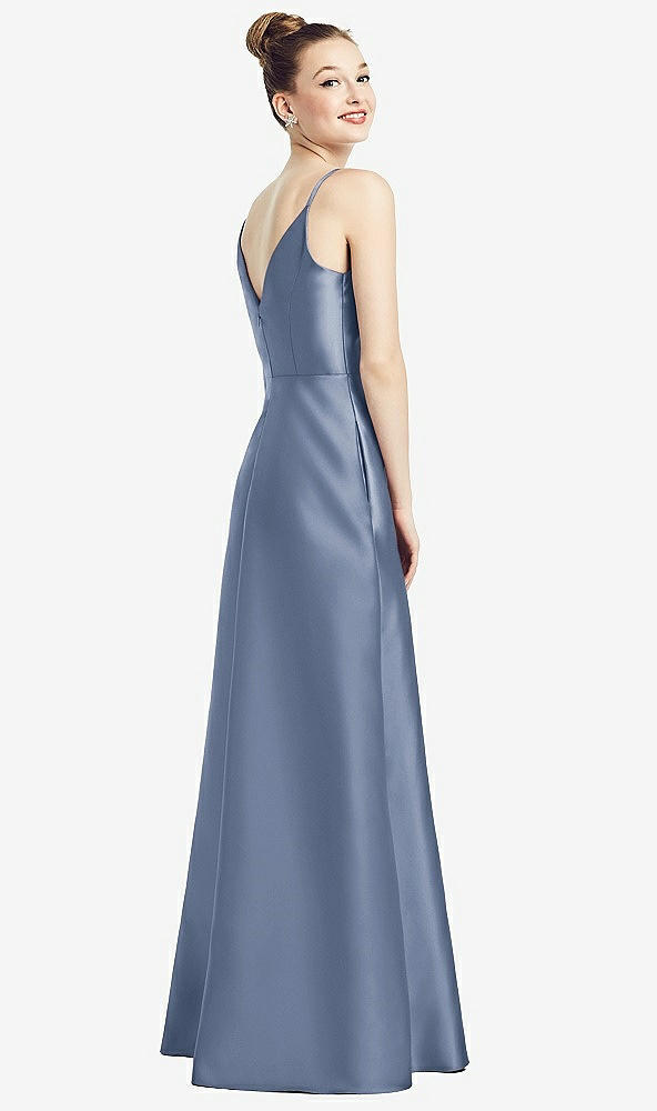 Back View - Larkspur Blue Draped Wrap Satin Maxi Dress with Pockets