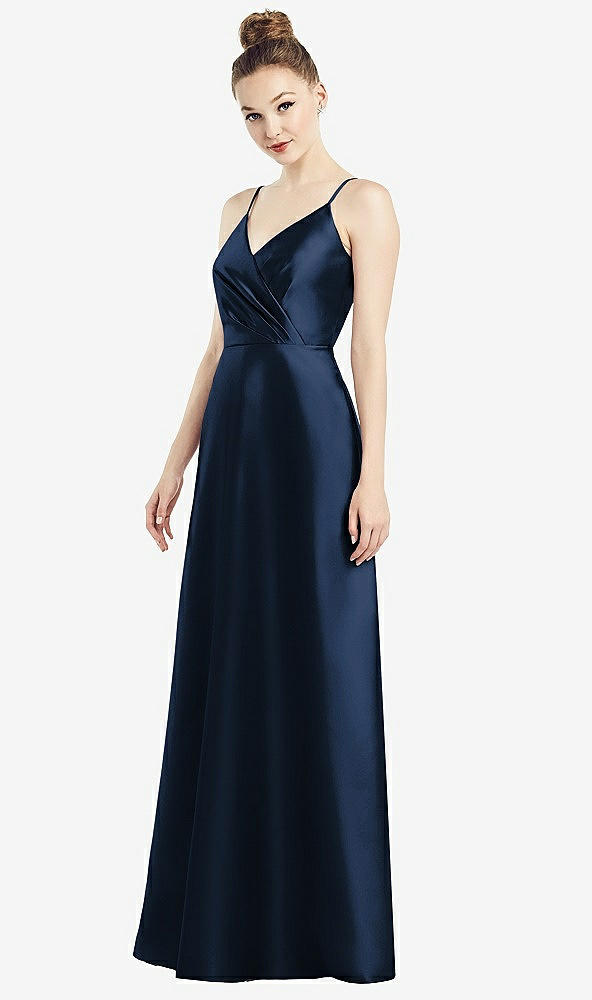 Front View - Midnight Navy Draped Wrap Satin Maxi Dress with Pockets